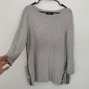 LAUREN Ralph Lauren Womens M Gray Knit Sweater Ruffle Trim Long Sleeve Boat Neck